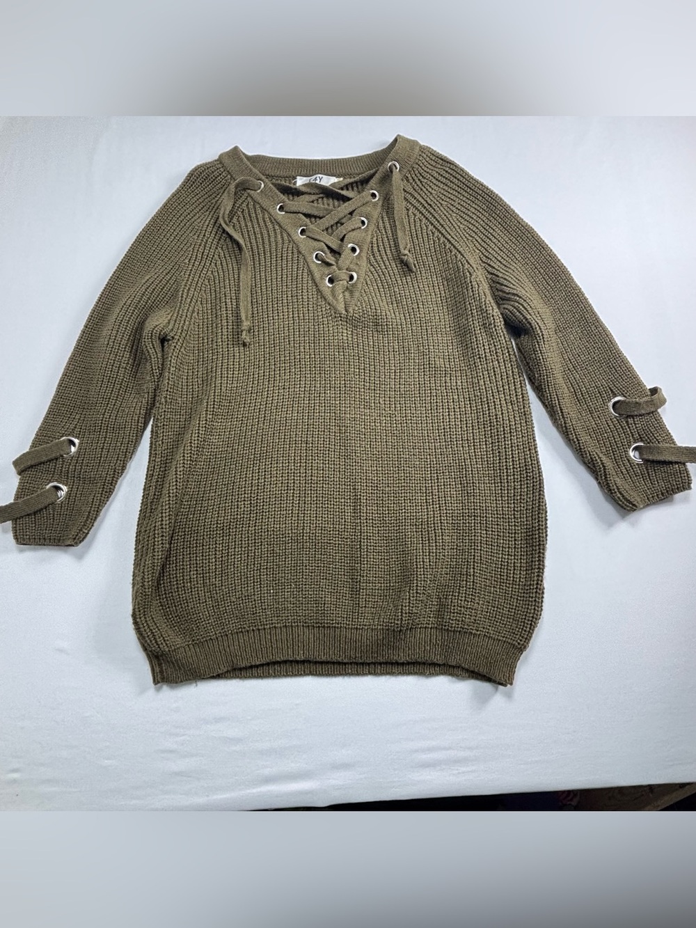 F4Y Lace-Up V-Neck Knit Sweater in Olive